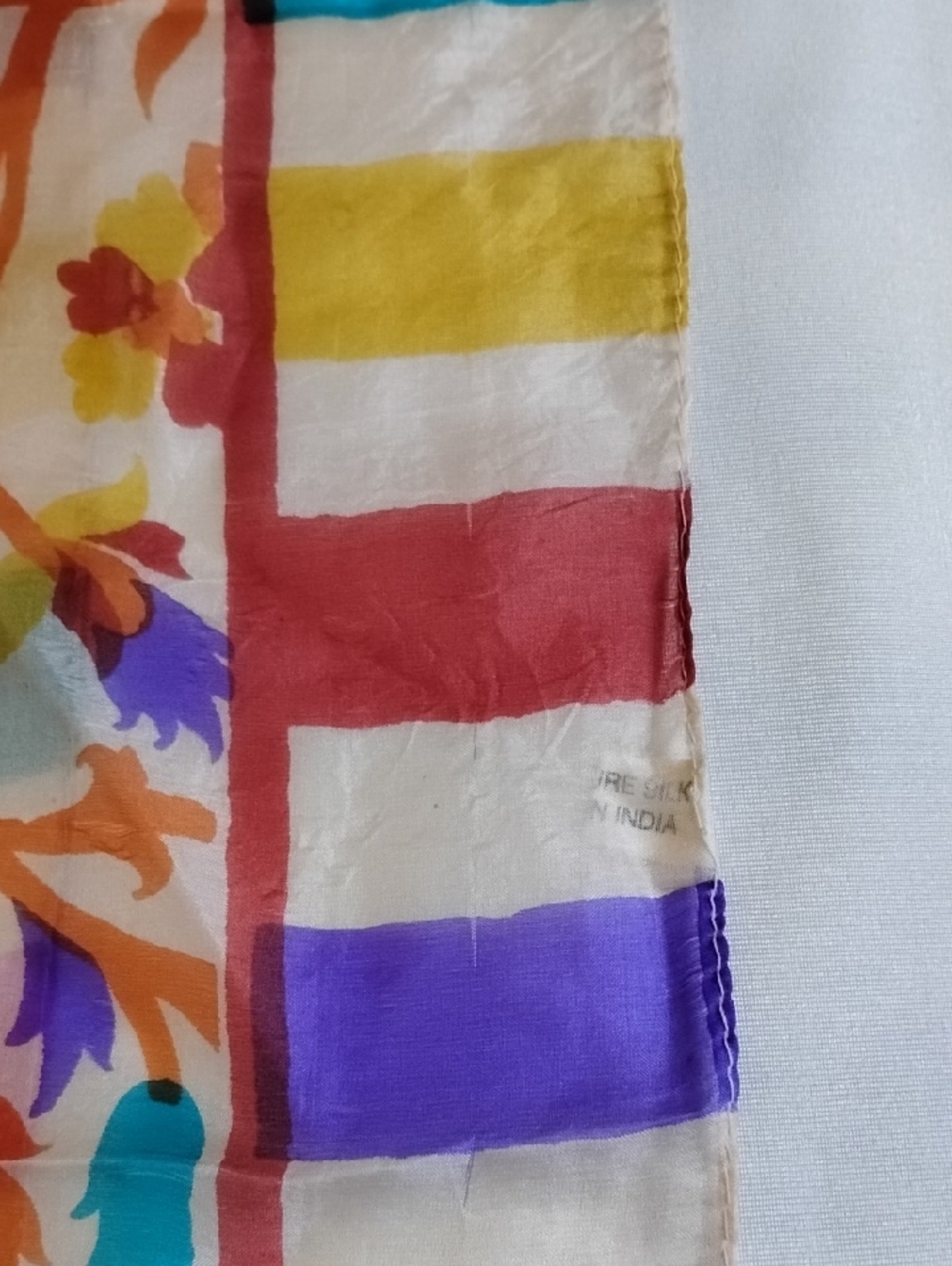 Paisley Silk Scarf 69x41 Ivory Orange Fuschia Aqua Yellow - Picture 4 of 4